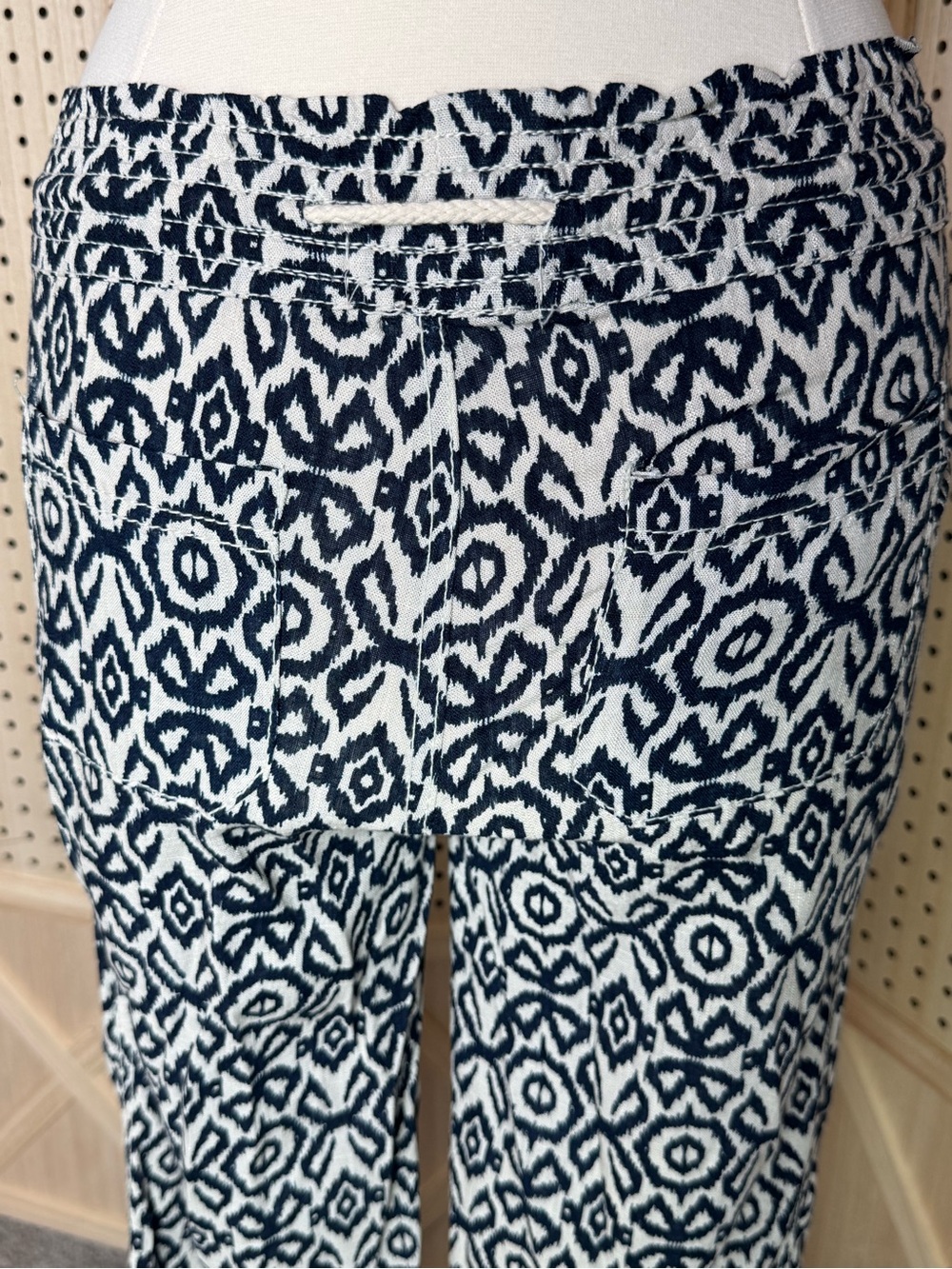 1850 Navy Blue Cream Linen Blend Boho Print Wide Leg Drawstring Pants Medium - Picture 5 of 13